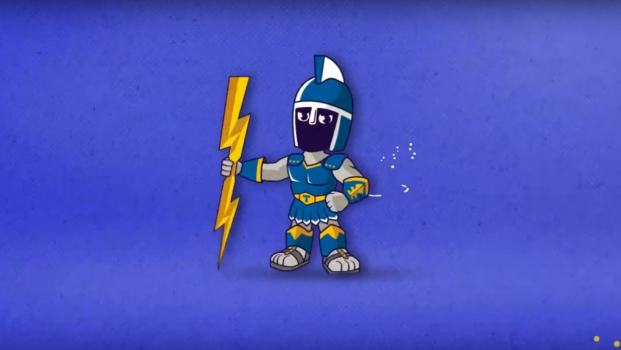 cartoon ty the titan mascot holding a lightning bolt