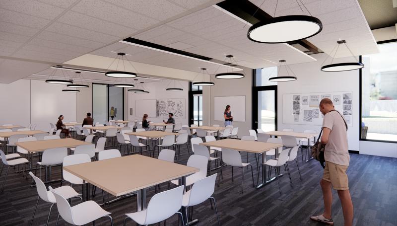 Render of a flexible classrooms space in the Health Professions Building