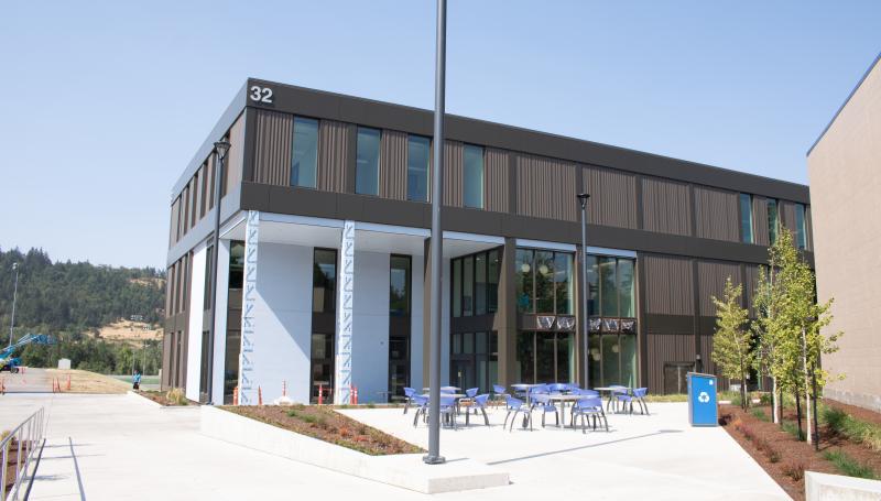 exterior of Building 32 with incomplete siding