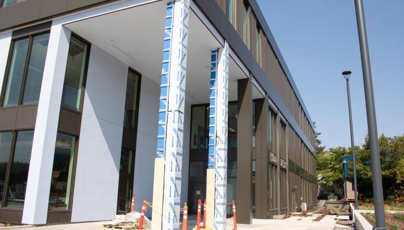 exterior of Building 32 with columns ready for siding