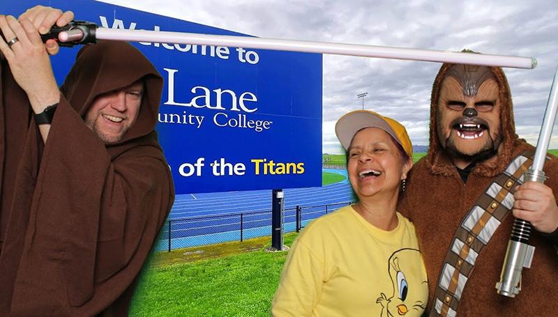 people pose in star wars costumes at a digital photo booth at open house
