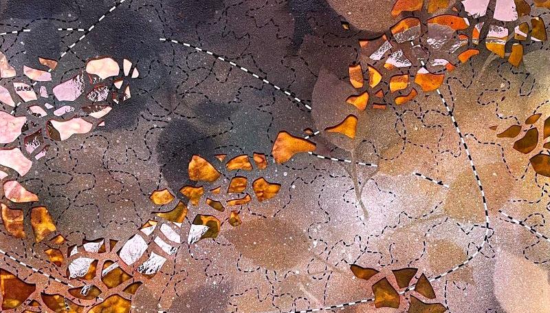 a mixed media art piece reminiscent of leaves and stained glass, copyright Kathleen Caprario