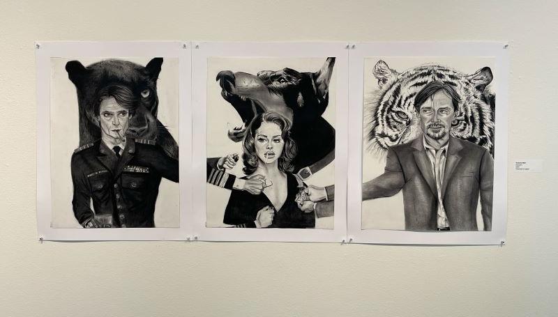 a charcoal triptych showing a woman with a cigarette and a man on either side offering a light. Copyright Victoria Wolf