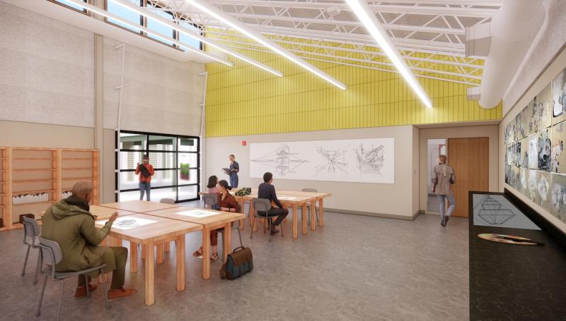 an architectural rendering showing students studying engineering in a spacious, bright classroom at the Florence Center.