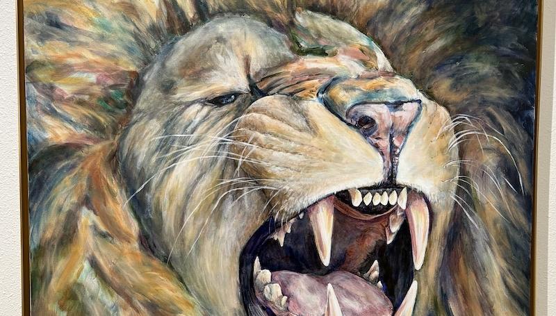 a painting by LCC faculty Kristie Potwora depicting a lion roaring titled "Don't You Mess With Me"