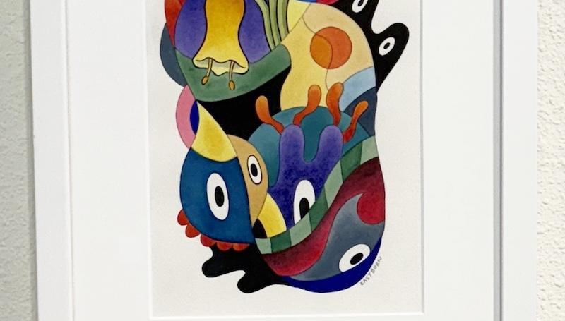two art prints with abstract animal and plant forms by LCC art faculty Shane Eastburn, the top piece is titled "Heatwave," the bottom "Backwater"