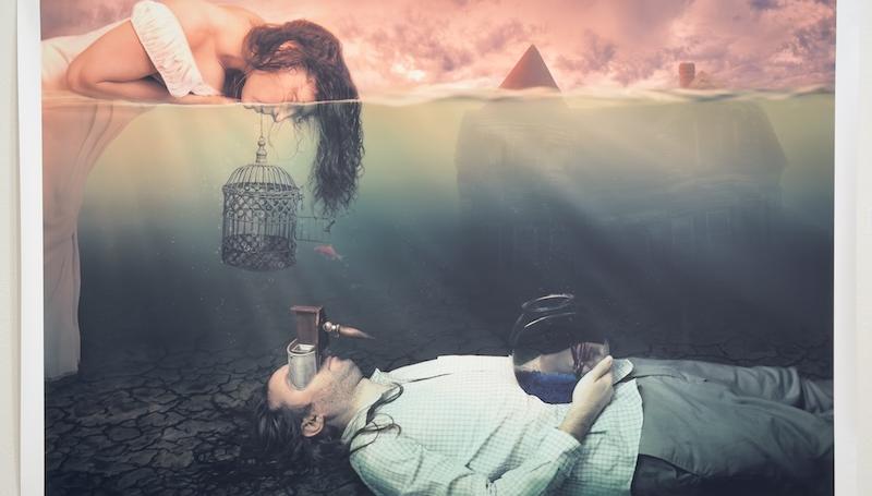 a digital art photo by Teresa Meier showing a woman with a birdcage leaning over a man submerged in water
