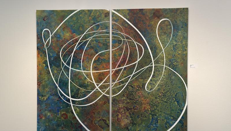 an abstract green and red painting with a swirling white line by Carrie O'Coyle