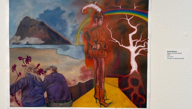 a painting showing a medieval figure looking pensively at a dead tree and rainbow, with a happy couple and mountain in the distance