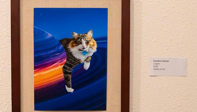 a digital photo of a cute long hair cat sitting on the ring of a planet in space