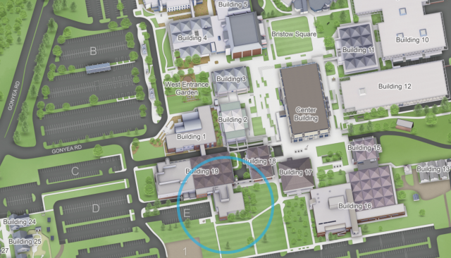 The Foundation is located in the southwest part of campus, located near Parking lot E