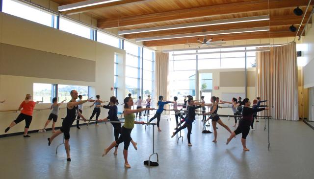 Our Dance studio, showing the natural light and wood beamed ceiling