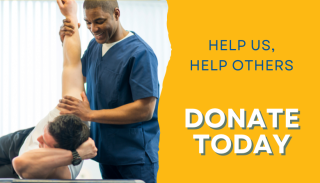 physical therapist helping patient with text "help us, help others, donate today"
