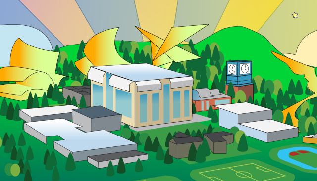 A whimsical, happy, sunshiny illustration of LCC campus