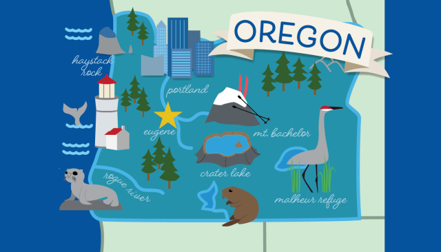Map showing fun things in Oregon like a lighthouse, a seal, a beaver, Crater Lake, skiing, birds, and forests
