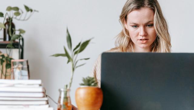 a young woman concentrates while she takes a SHRM test at a computer in an office with houseplants