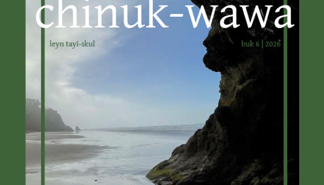 Chinuk Wawa Magazine cover, showing the ocena in the backgroud through a cave