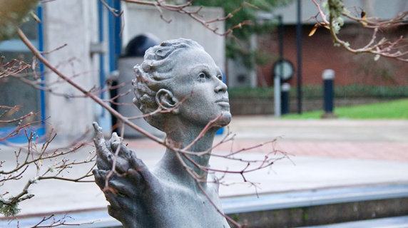 a sculpture of woman's head outside the Ragozzino Theatre