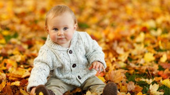 a happy toddler in a cozy sweater playing in autumn leaves