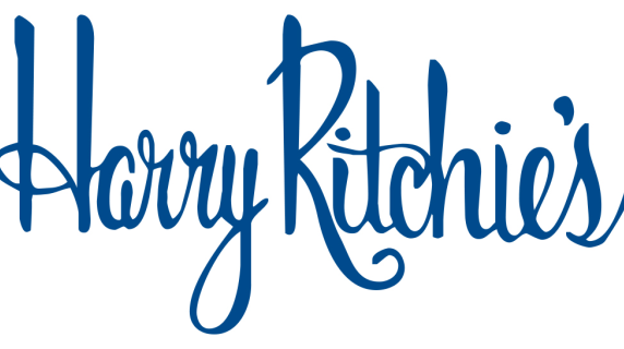 Blue cursive Harry Ritchie's logo with white background
