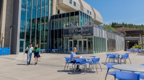 Students walking outside the center buildng