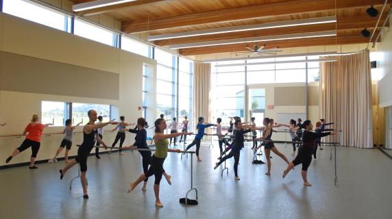 Our Dance studio, showing the natural light and wood beamed ceiling