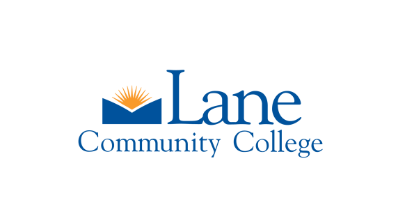 Lane Community College Logo in Blue Font with Orange Sunburst on White Background