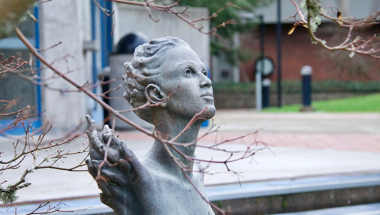 photo of art on campus, sculpture of woman's head