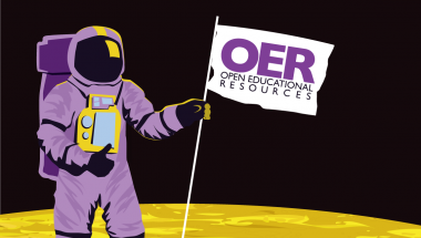 Astronaut on a yellow planet holding a flag with OER open educational recourses written on it.