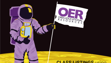 Astronaut on a yellow planet holding a flag with OER open educational recourses written on it.