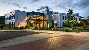An evening view of Building 30 on LCCs main campus by Derek Vincent
