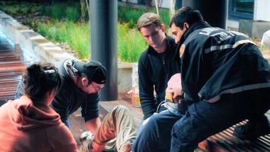 EMT students practicing treatment techniques