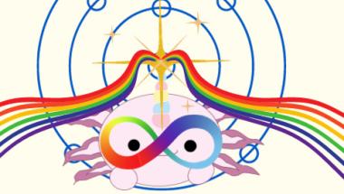 neurodivergent student union (NDSU) logo, an axolotl with rainbows