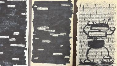 pages of books torn out and marked with sharpies to create poetry and art
