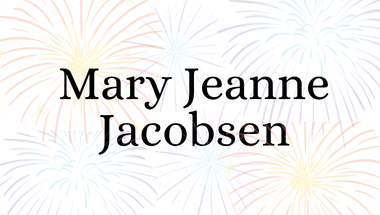 Mary Jeanne Jacobsen text logo with firework background