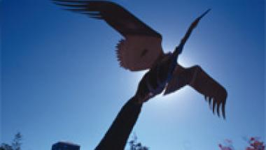 Crane sculpture by buses on main campus