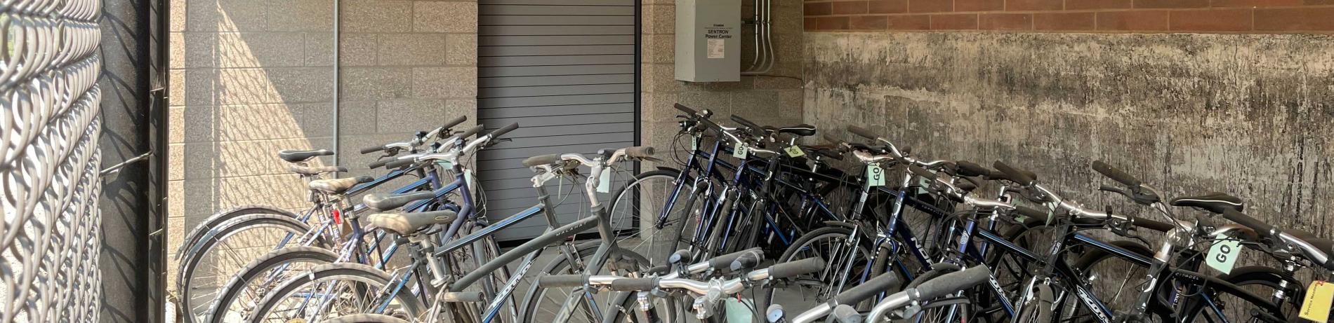 Row of bikes in a cage on campus