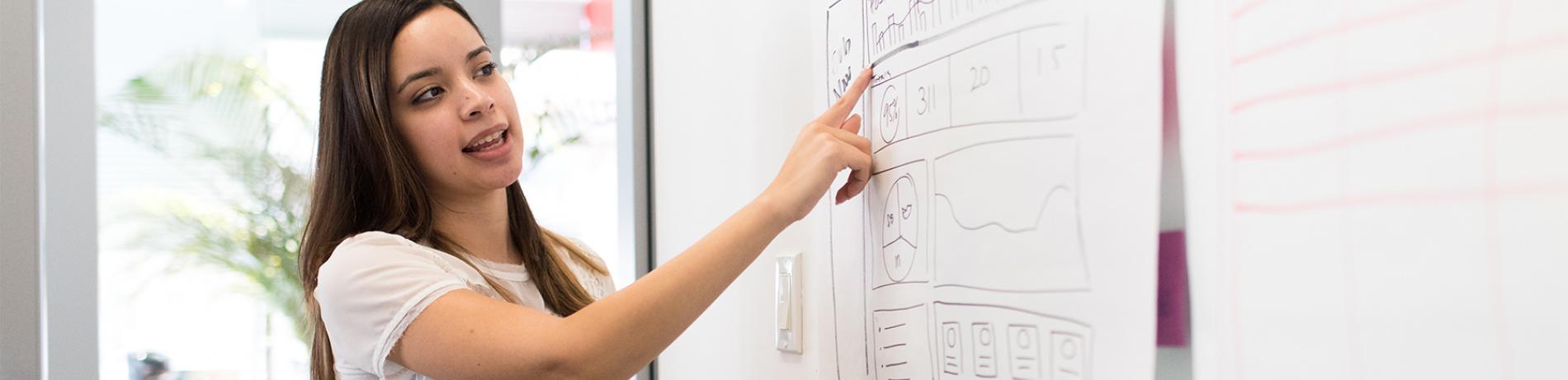 a woman at whiteboard demonstrating what she is discussing