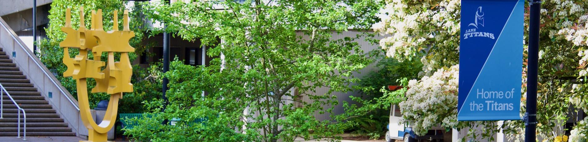 Scuplture to the east of the center building