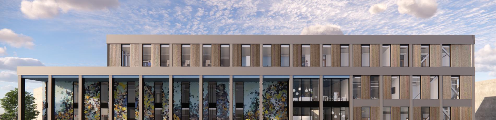 A render of the building from the athletic fields, showing lots of windows and a mural on the left side