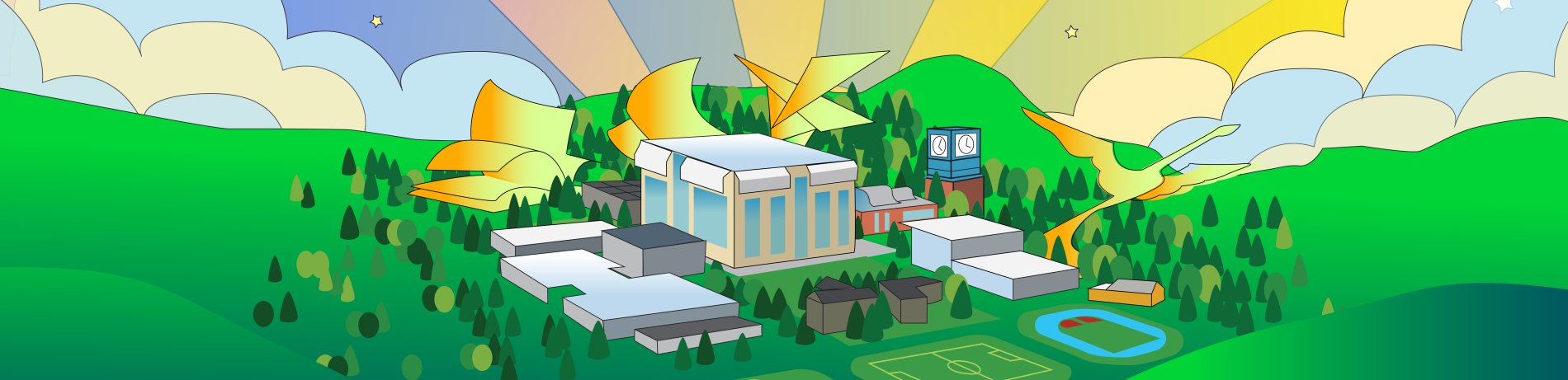 A whimsical, happy, sunshiny illustration of LCC campus