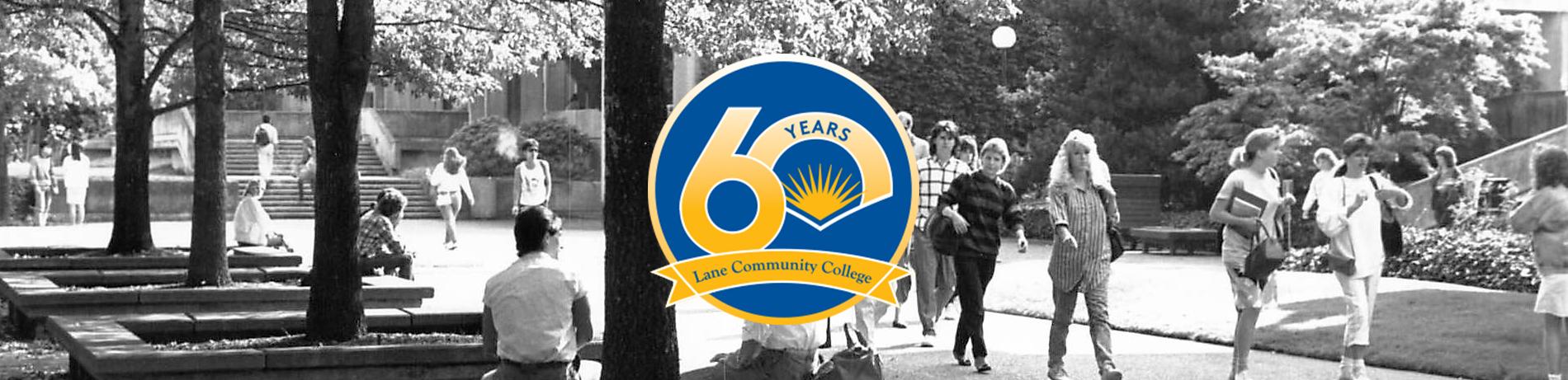 black and white archival photo of lane campus bustling with students and colored 60th anniversary icon logo in the middle