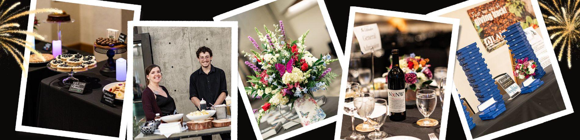 tarts and truffles, smiling servers, a flowery centerpiece, a bottle of local red wine, and a stack of free jewelry gifts from the LCC Celebration