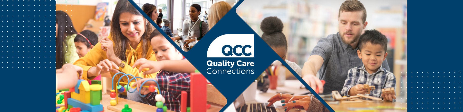 a collage showing childcare professionals learning and educating children and the QCC logo