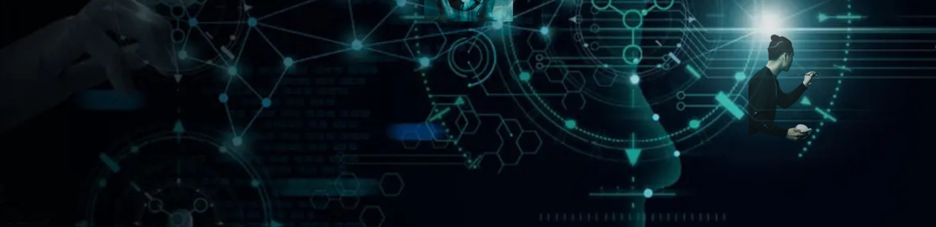 abstract art with clocks, constellations, atoms, and thinkers