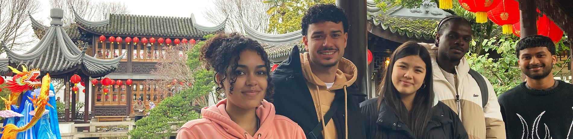 international students taking a field trip to the Chinese Gardens in Portland, Oregon