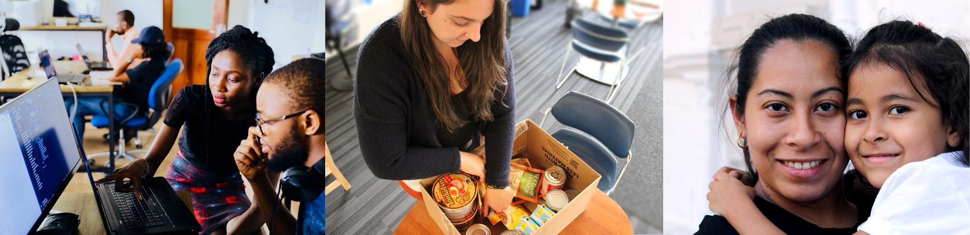 a woman helps a man find SNAP/EBT benefits at a computer, another woman visits a food pantry, a mother holds her young daughter
