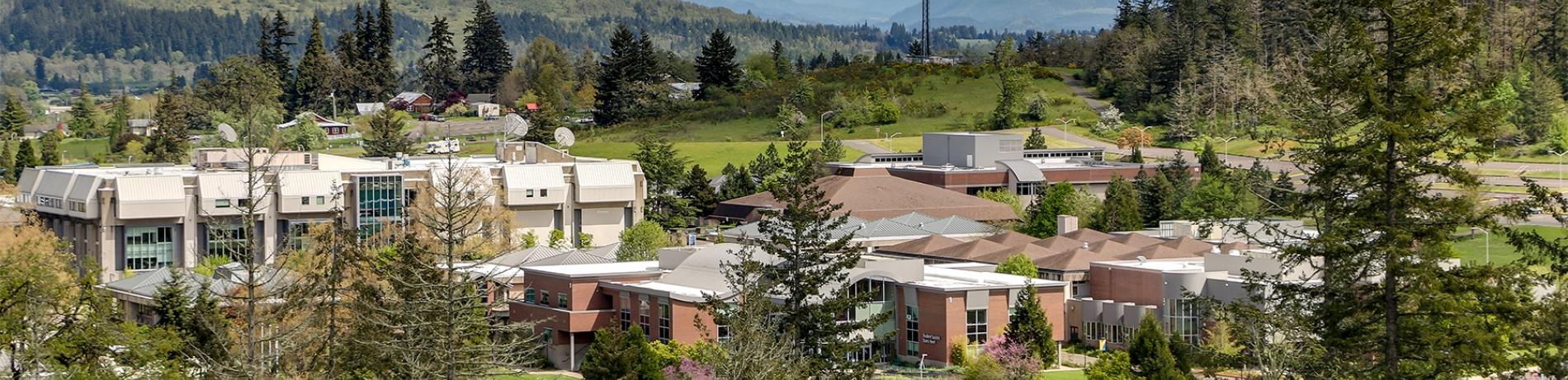a distant view of main campus framed by fir trees and rolling hills