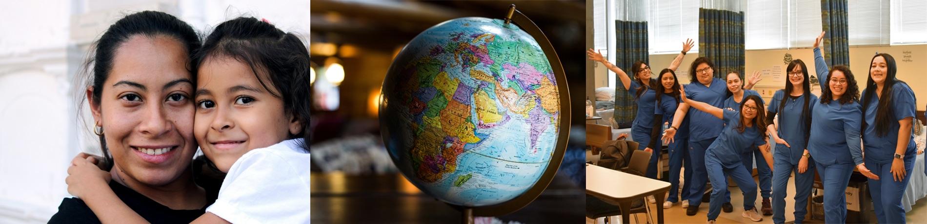 Photo collage of smiling faces, a globe, and a bunch of celebrating faces