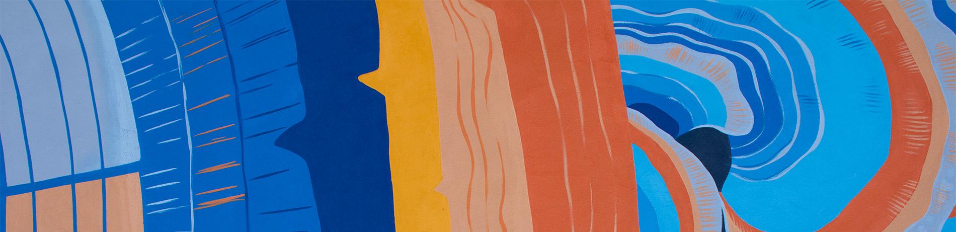 a close up of the mural on building 32 with blue and orange tree rings and mushrooms